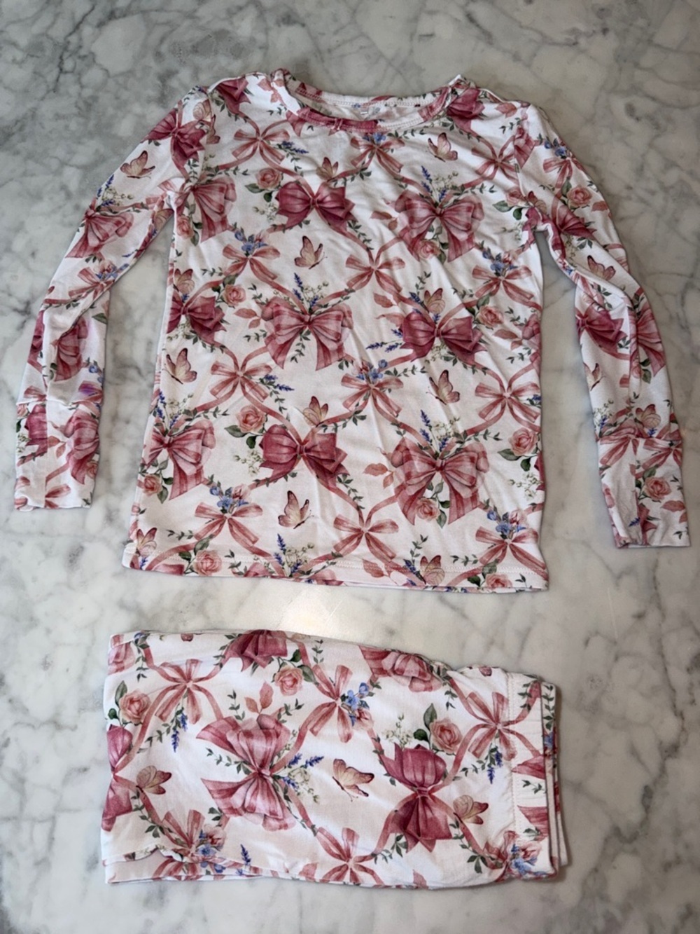 Posh Peanut Pink Bow & Floral Long Sleeve Pajama Set 3/4Y
